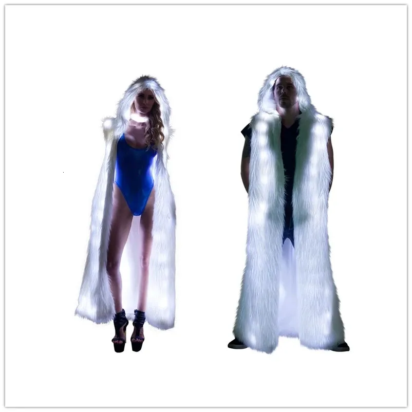 Casal de pele falsa de pele feminina longo LED colete de pele falsa casaco LED roupas luminosas boate casacos jaqueta com capuz trajes de Halloween roupas 231120