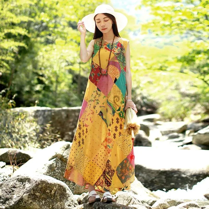 Casual Dresses Lzjn Random Patchwork Long Dress 2023 Summer Sundress Cotton Vestidos Chic Robe Femme Bohemian Women Beach