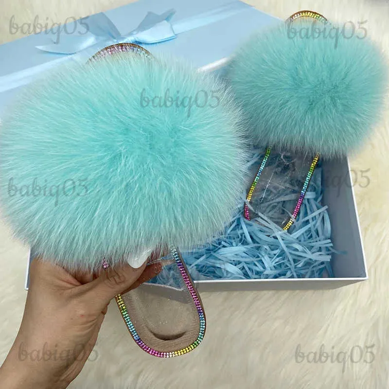 Slippare Natural Raccoon Fur Furry Slippers Crystal Flats Plush Slides Real Fox Fur Sandals 2022 Ladies Transparent Jelly Slipper T231121