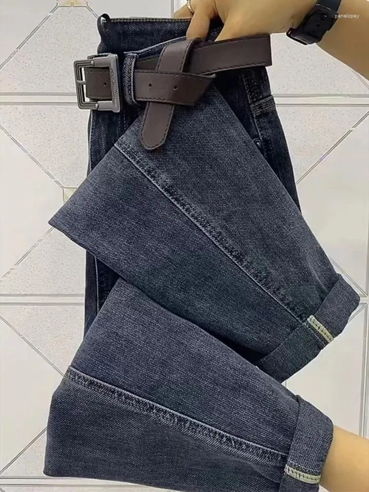 Jeans femininos grandes magro nove pontos pai 2023 outono gordura solta forma de pêra calças harlan para mulheres