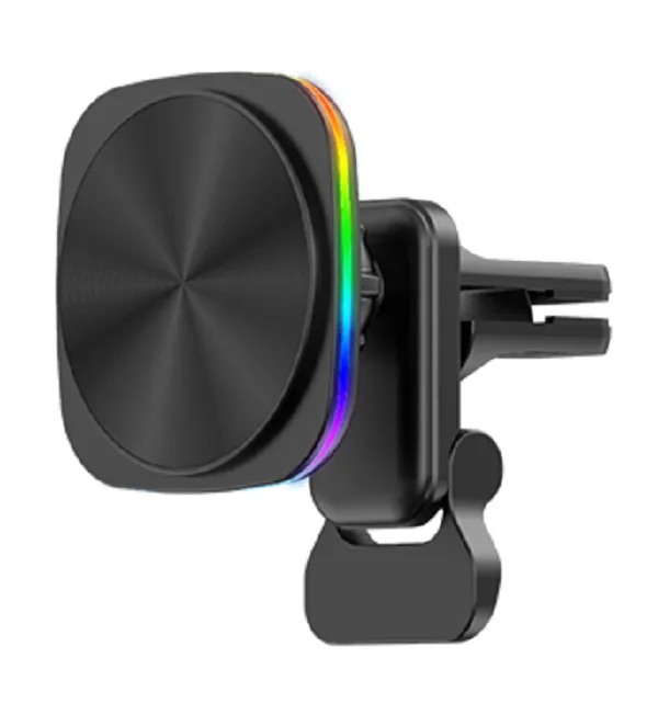 Biltelefonhållare laddare 15W Magnetic Air Vent Clip Mount Wireless Charger med RGB -lysdioder