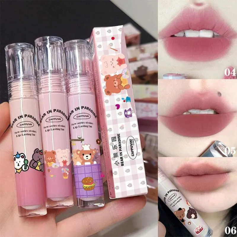 Dudak Parlatıcı Güzel Ayı Baskı Mat Sıvı Ruj Velvet Kalıcı Su Geçirmez Su Geçirmez Yapışmaz Kozmetik Sır Dudak Lipgloss Makyaj Çamur Kupası Lon J3P7