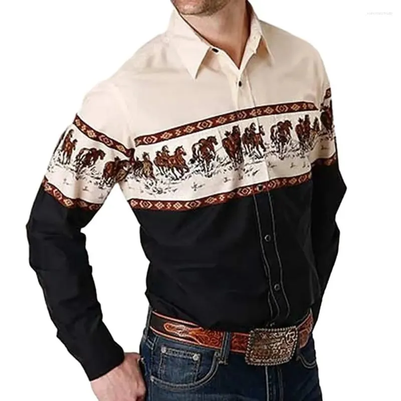 Chemises décontractées pour hommes Mode Western Tribal Ethnique Cheval Imprimer et Blouses à manches longues Slim Bouton Robe Tops Vêtements Chemise pour hommes