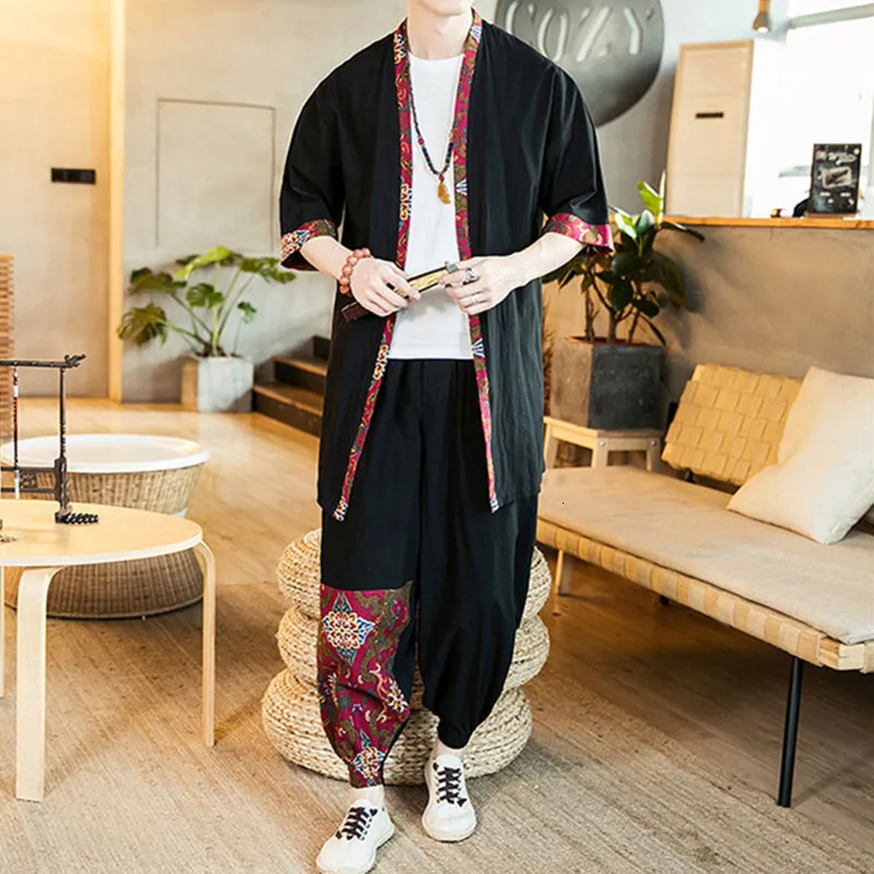 Träningsoveraller för män Japansk stil Vintage Kimono Haori Byxor Set Herr Traditionell Harajuku Streetwear Samurai Cardigan Costume Yukata 230421