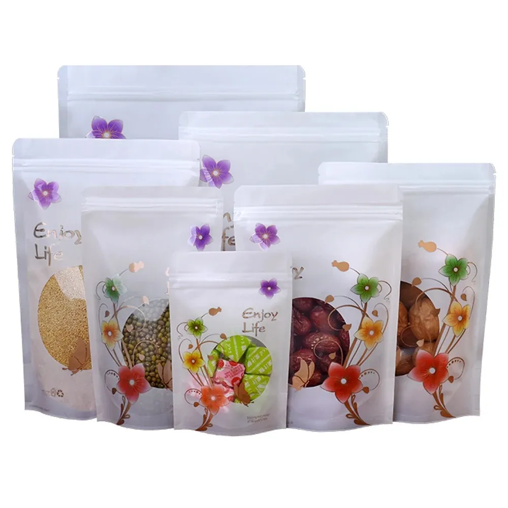 흰색 플라스틱 셀프 씰 스탠드 업 가방 명확한 창 꽃 인쇄 Resealable Reclosable Tear Food Storage Pack LX6244