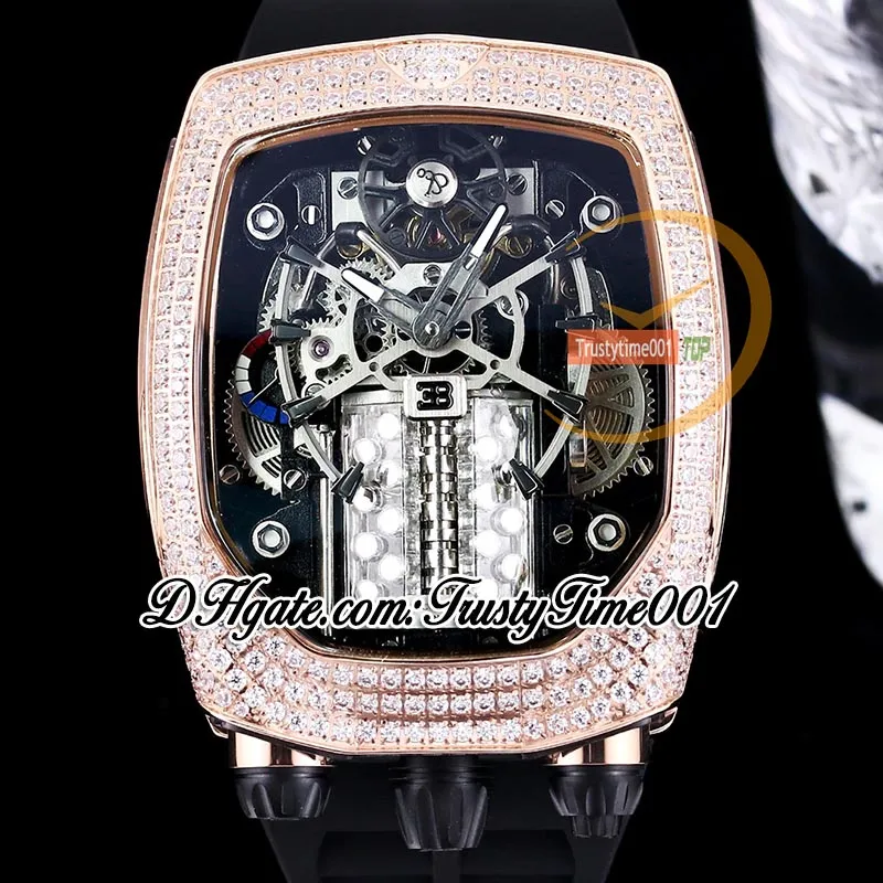 Relógio masculino Bugatti Chiron Tourbillon Autoamtic com mostrador esqueleto de motor de 16 cilindros com incrustações de diamantes gelados, pulseira de borracha preta trustytime001Relógios BU200.40