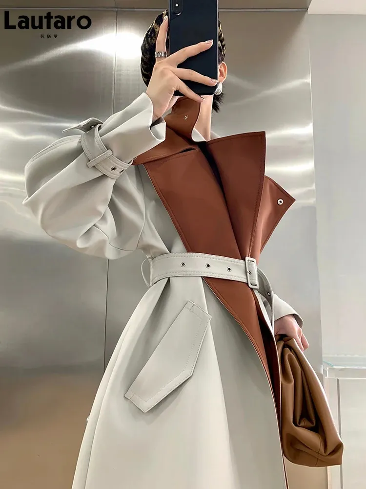 Miscele da donna Lautaro Primavera Autunno Patchwork Trench per le donne Cintura Runway Moda europea Cool Elegante abiti firmati di lusso 2023 231120