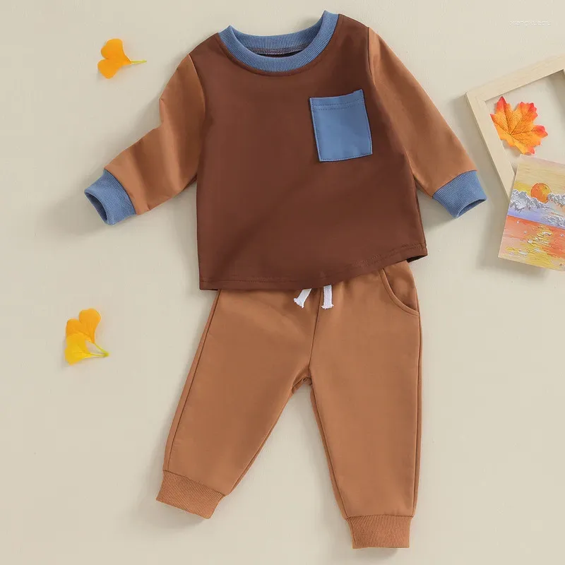 Conjuntos de roupas crianças bebê meninos calça contraste cor em torno do pescoço moletom e calças com cordão definir itens