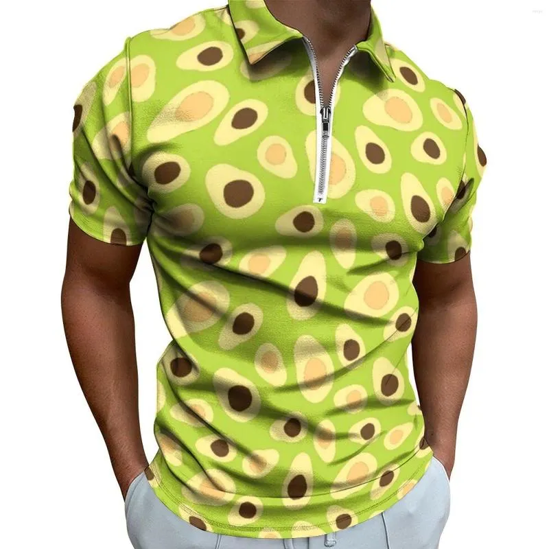 Men's Polos Green Avocado Casual T-Shirts Cute Fruit Print Polo Shirts Zipper Fashion Shirt Man Pattern Tops Large Size