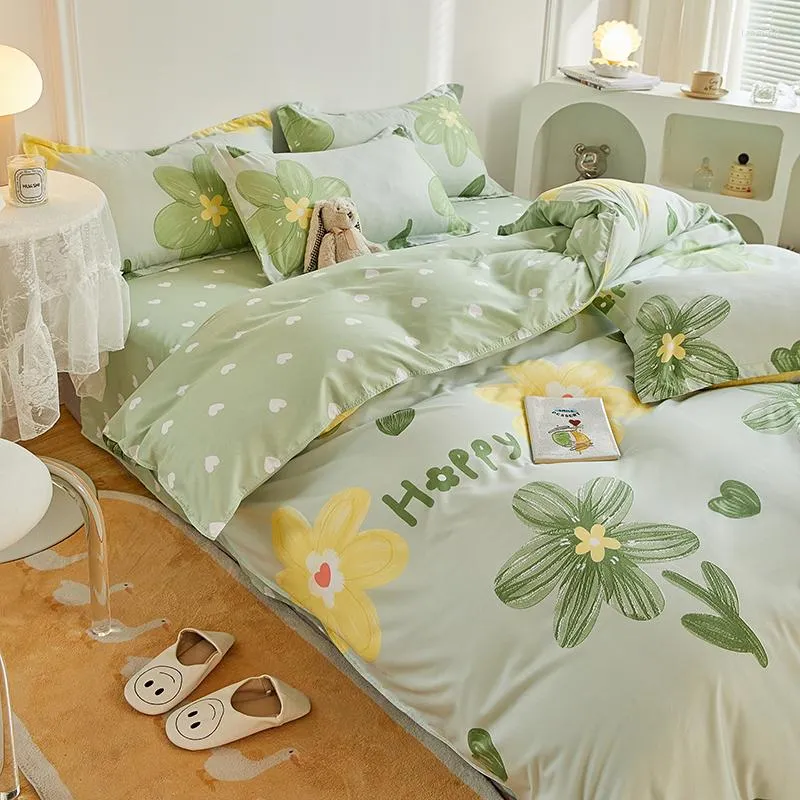 Set di biancheria da letto Set copripiumino verde floreale fresco con fiori Traspirante per la pelle 1 2 Lenzuolo piatto federa