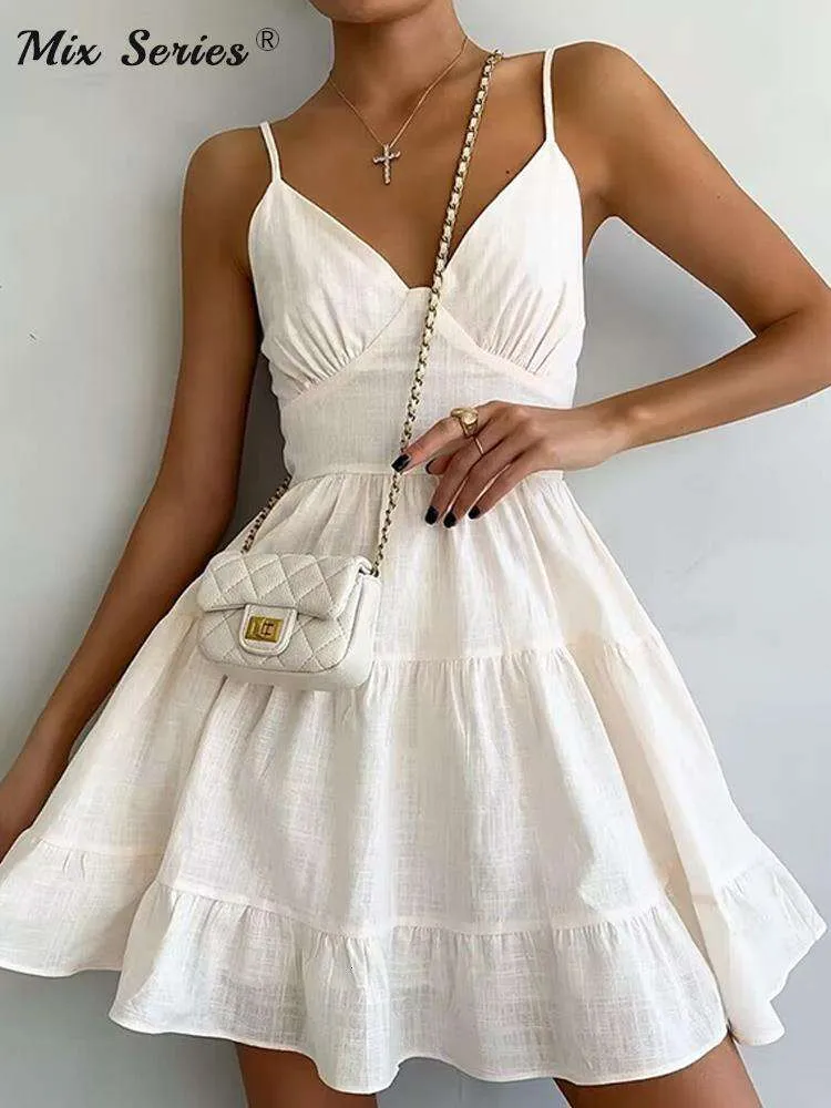 Solid Linen Suspender V neck Mini Dress Women Summer Vintage Sleeveless A line Sling Dresses Sexy Slim Strap Ruffles Skirt