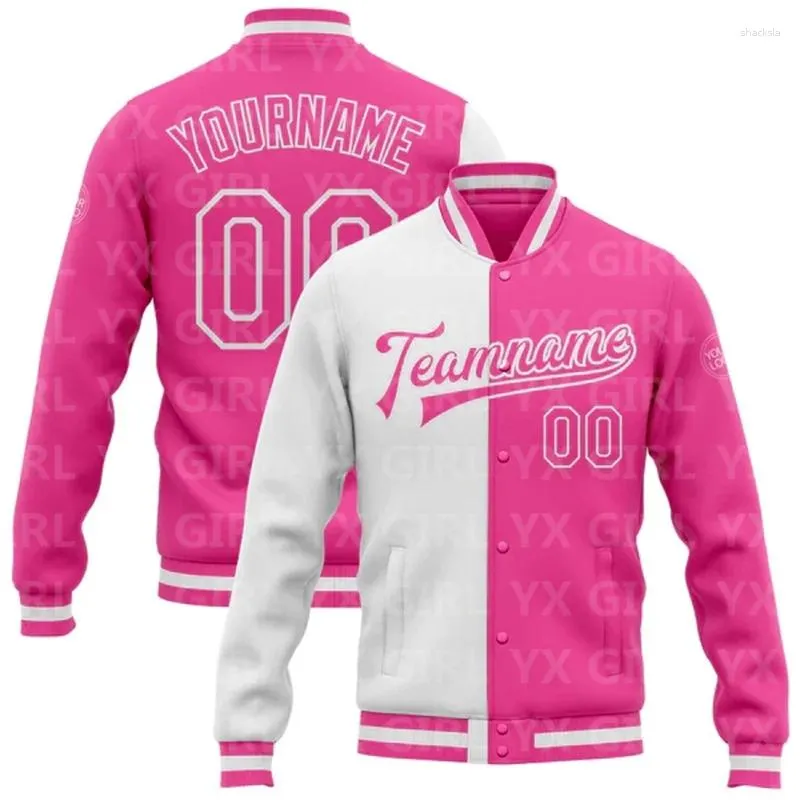 Erkek Ceketler Özel Pembe-Beyaz Bombacı Tam Snap Varsity Letterman Split Moda Ceket 3D Baskılı Beyzbol Düğmesi