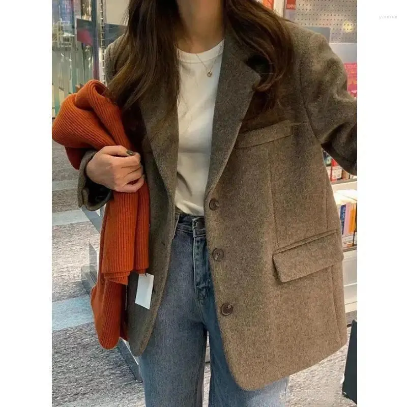 Jaquetas masculinas Café Lã Blazer Mulheres Outono Inverno 2023 Moda Coreana Grosso Acolchoado Jaqueta Casual Senhora Outerwear Casaco Solto