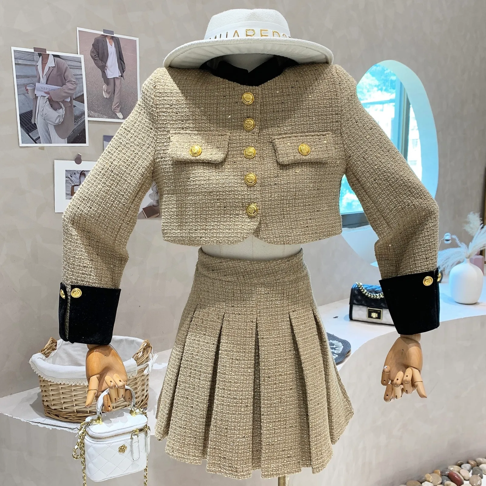 British Style Patchwork Tweed ladies jacket short Women'