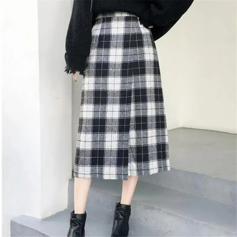 Jupes une ligne Plaid étudiant mi-mollet femmes longue Vintage marron jupe fendue bureau dame taille haute filles automne hiver