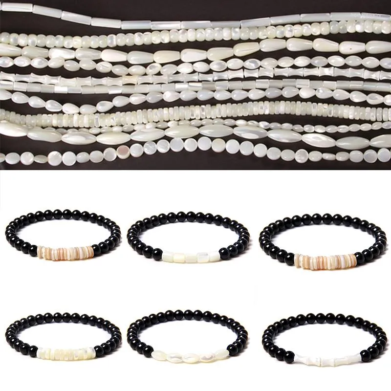 Strand Biała naturalna matka perłowej bransoletki Shell Black 6 mm koralik elastyczność boho męska kobieta Różne wykwintne prezent biżuterii