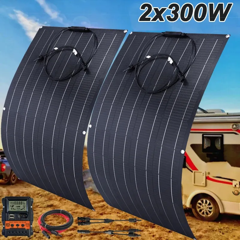 充電器600W 300Wフレキシブルソーラーパネルセルエネルギー充電器DIYコネクタスマートフォン充電用RVカーボートキャンプ電源システム231120