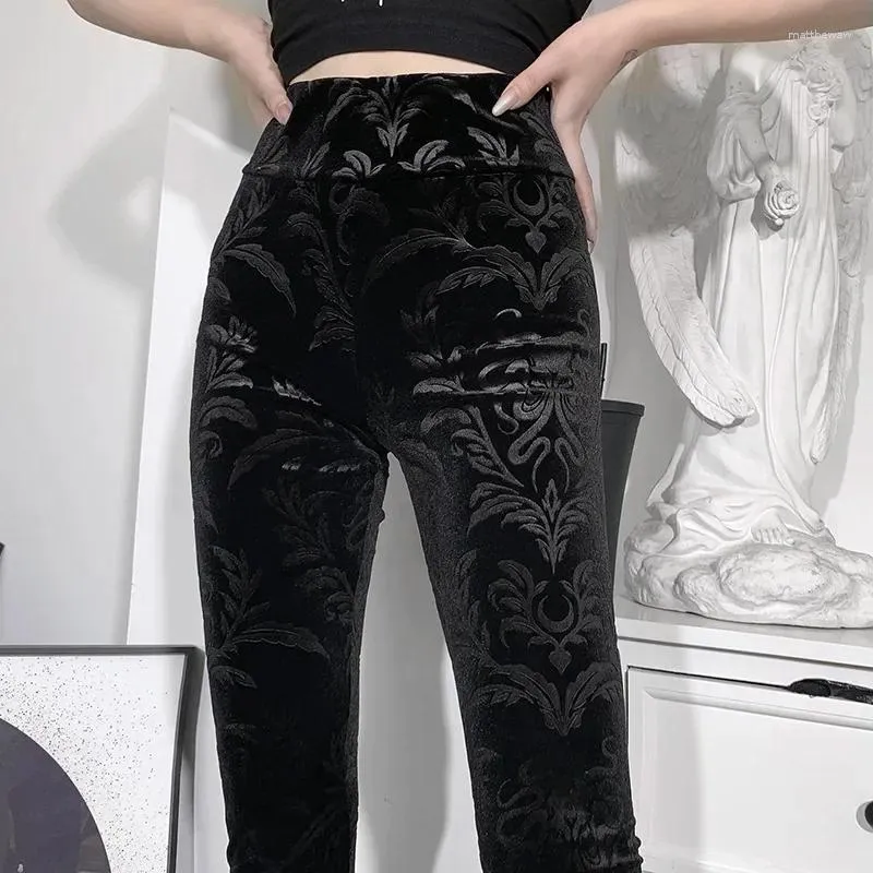 Leggings da donna 2023 Sexy Dark Gothic Slim Fleece Legging Donna Pelle scamosciata nera Goffratura Long Skinny Goth Indie Big Flower Stampato Bottoms