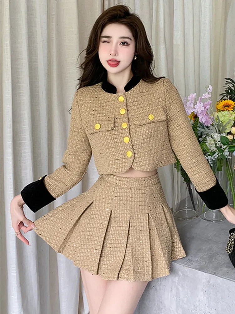 スーツ Pastel Flat Collar Tweed Jacket + Flared Skirt SET French Vintage Fashion Short Tweed jackets for women and