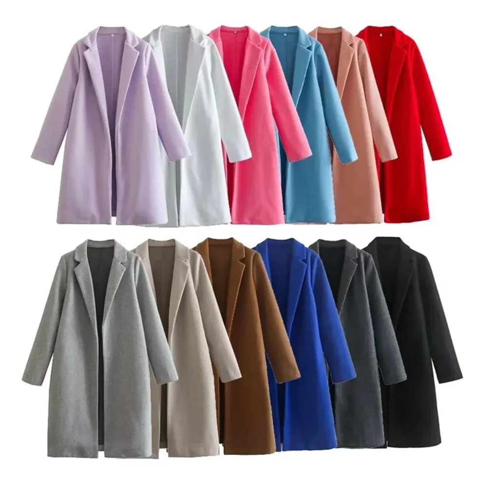 Женская полушерстяная одежда UNIZERA 2023, осень-зима, модный стиль, средней длины, воротник-поло, длинный рукав, открытая передняя часть, пальто 231120
