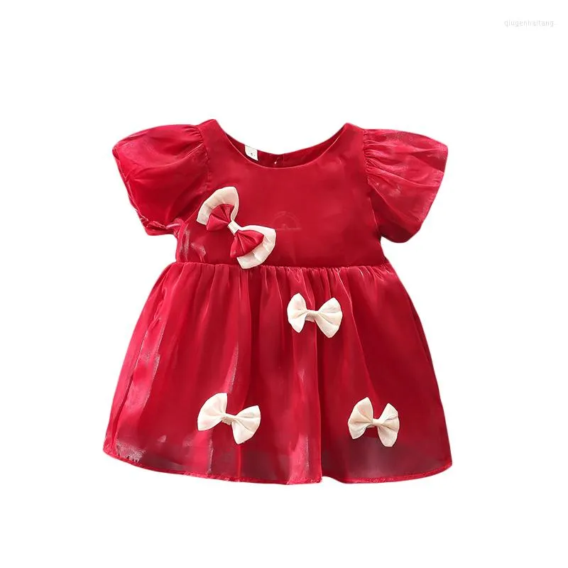 Vestidos meninas, garotas infantis fofas A-line A-line manga bafada de gola gola gola bowknot Princess Birthday Party por 6-24 meses