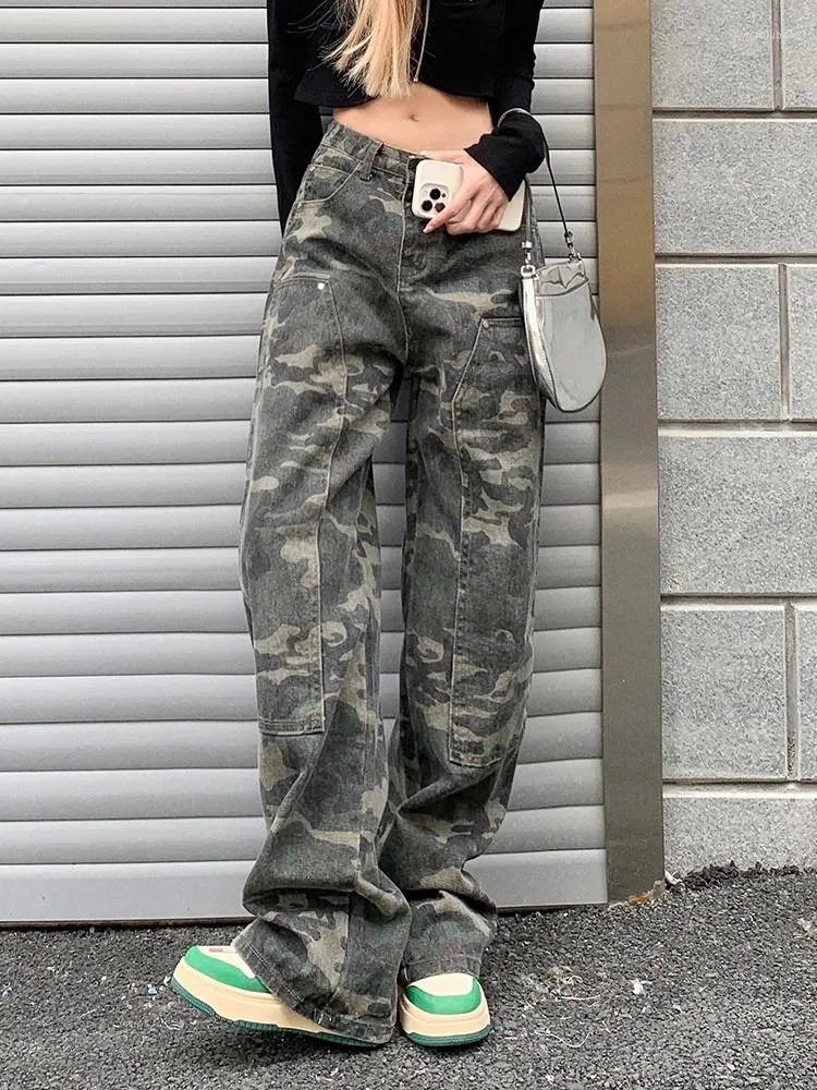 Vrouwen Jeans 2023 Camouflage Cargo Broek Vrouwen Y2K Streetwear Laagbouw Zakken Retro Wijde Pijpen Broek Denim Rechte Harajuku
