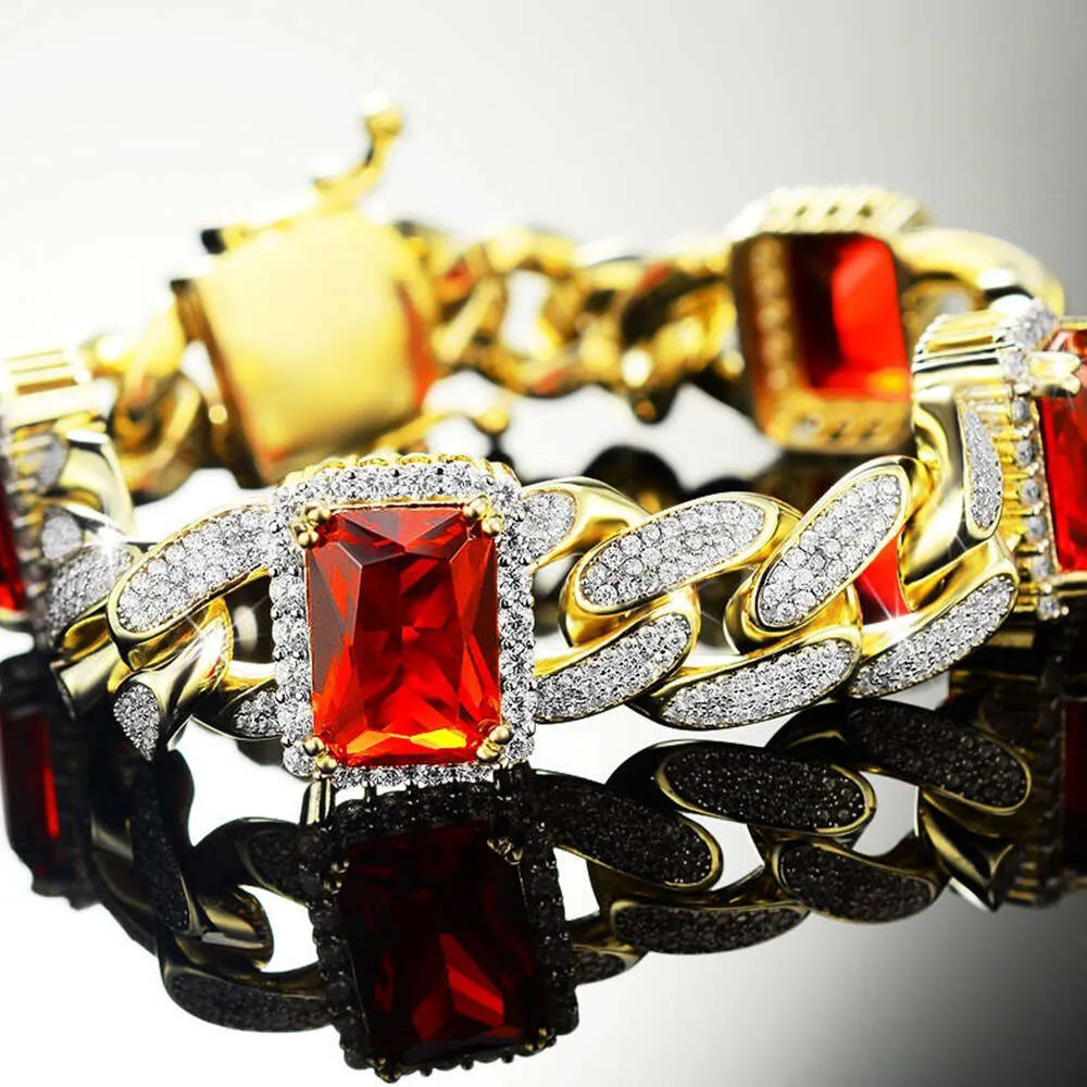 Bracciale rosso da uomo con catena cubana Miami lucida, set in argento 925 con diamante pieno