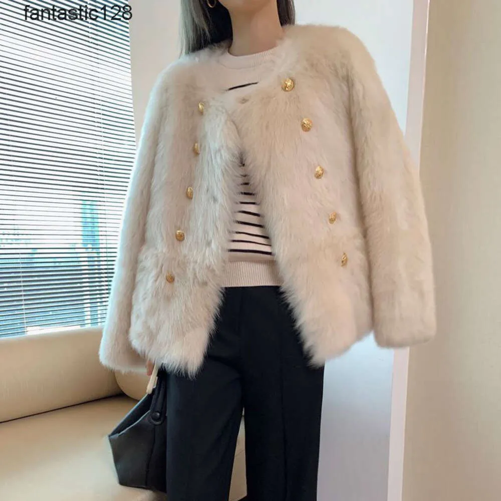 China-Chic style young new style autumn and winter round neck fox fur environmental protection fur gilded button imitation fur coat women7