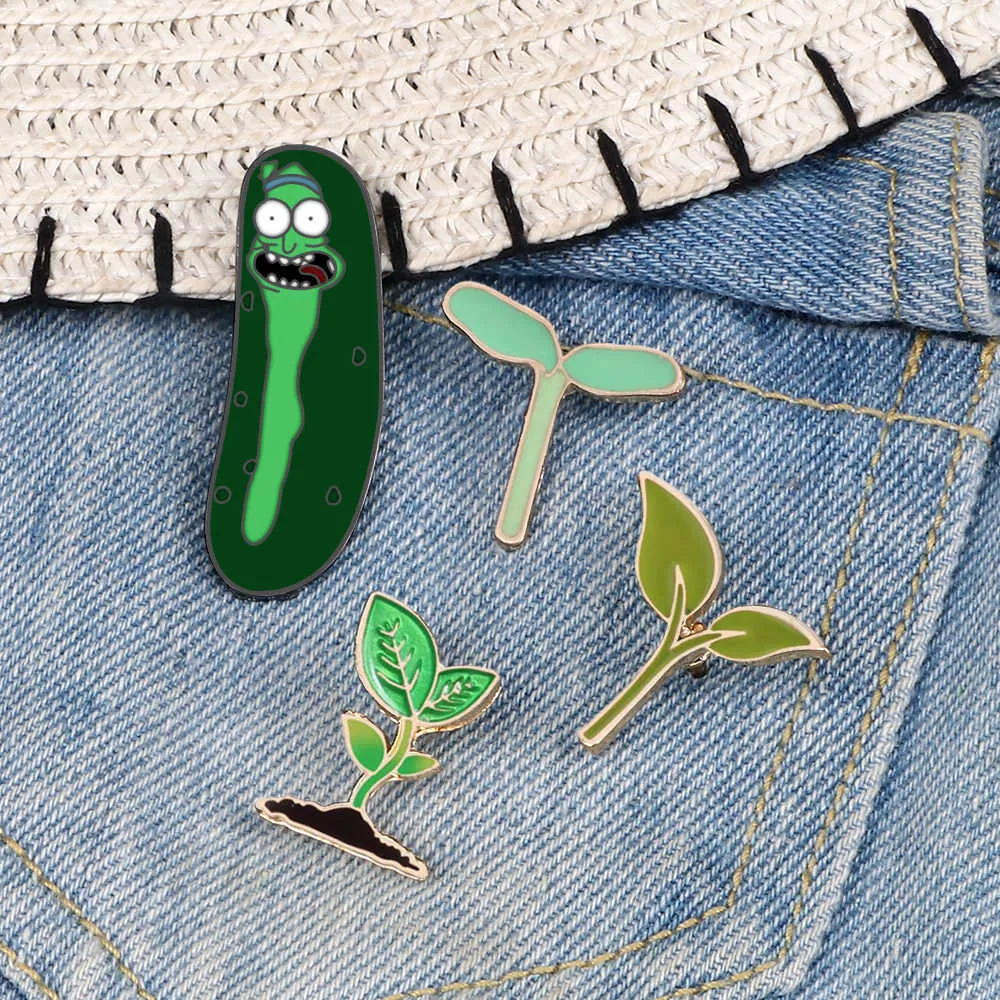 Pinnen broches schattige groene wormplant email pins vrouw man cartoon ongewervelde boom bud bladeren kinderen mode broches denim rapel badge sieraden z0421