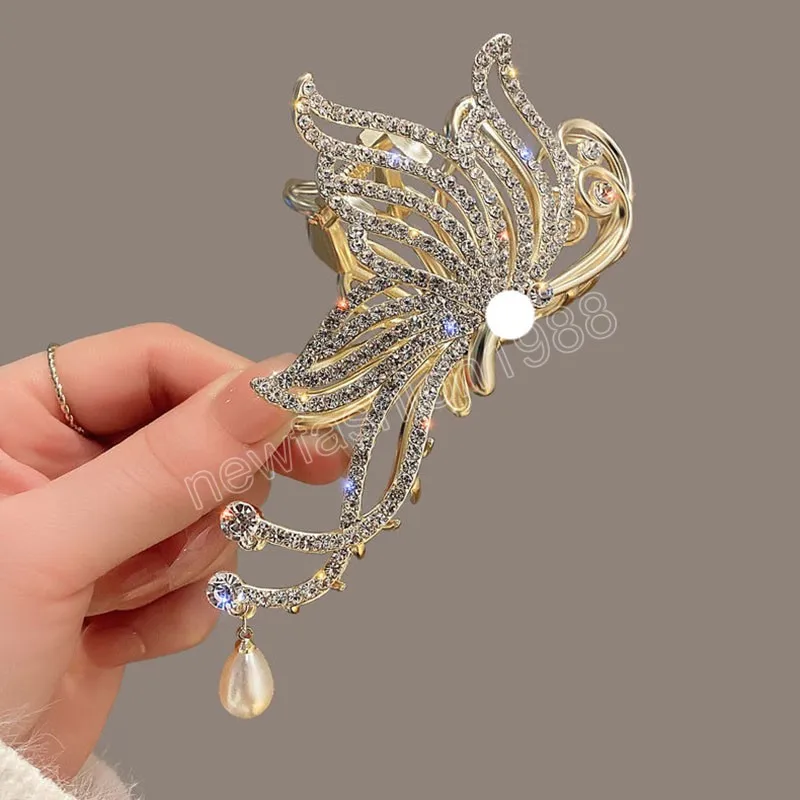 Fashion Butterfly Hair Claw Rhinestone Pearls Hair Clips voor vrouwen en meisjes paardenstaart klauwen clip haaraccessoires geschenken