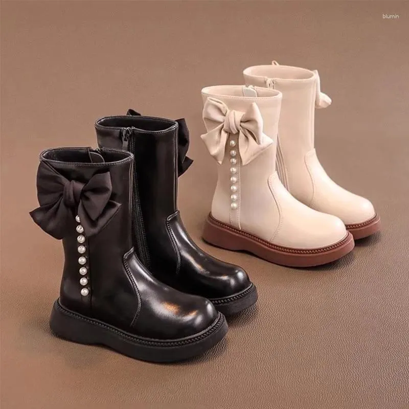 Boots Girls' Shoes Fashion Princess High Top Girls Leather Waterproof Plus Velvet Warm Snow Children Bow Design Long