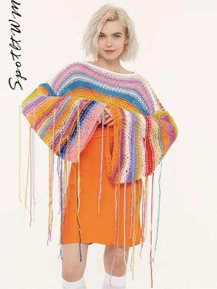 Women Rainbow Striped Fringe Weaving Sweater Fashion O Neck Long Sleeves Pullover Top Female Sexy Casual Highstreet Jumper