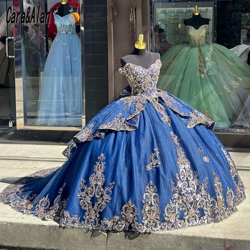 Robes de Quinceanera scintillantes robe de bal bleu marine robe de fête d'anniversaire hors de l'épaule paillettes dentelle Appliques douce 15 robe de bal