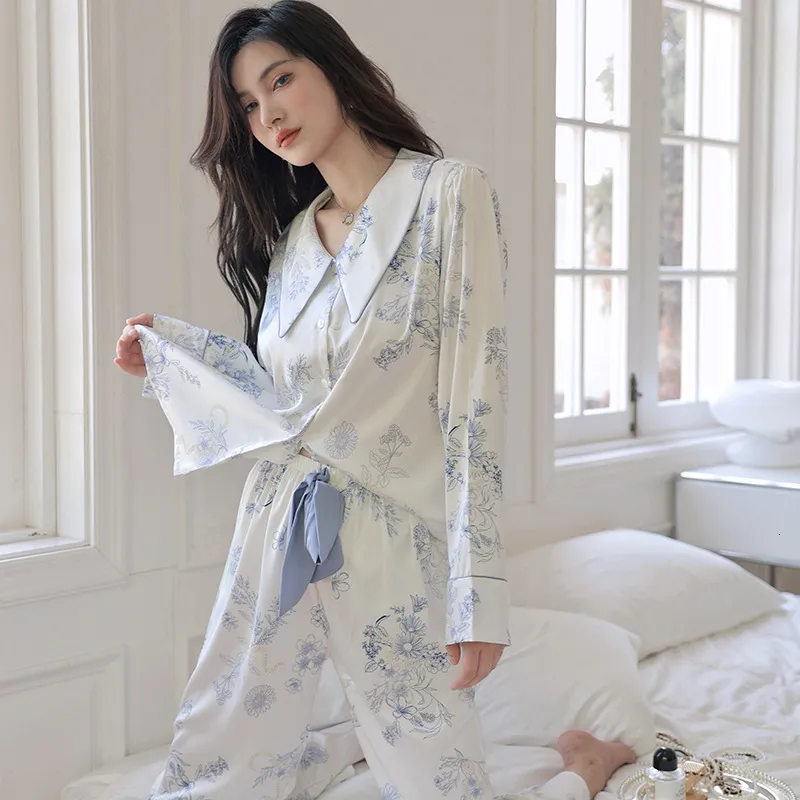 Women s Sleepwear Silk Satin Sleepwear Women Fresh Blue White Pajamas Set Spring Summer Home Clothes Long Sleeve Pant Suit Pyjama Femme 230421