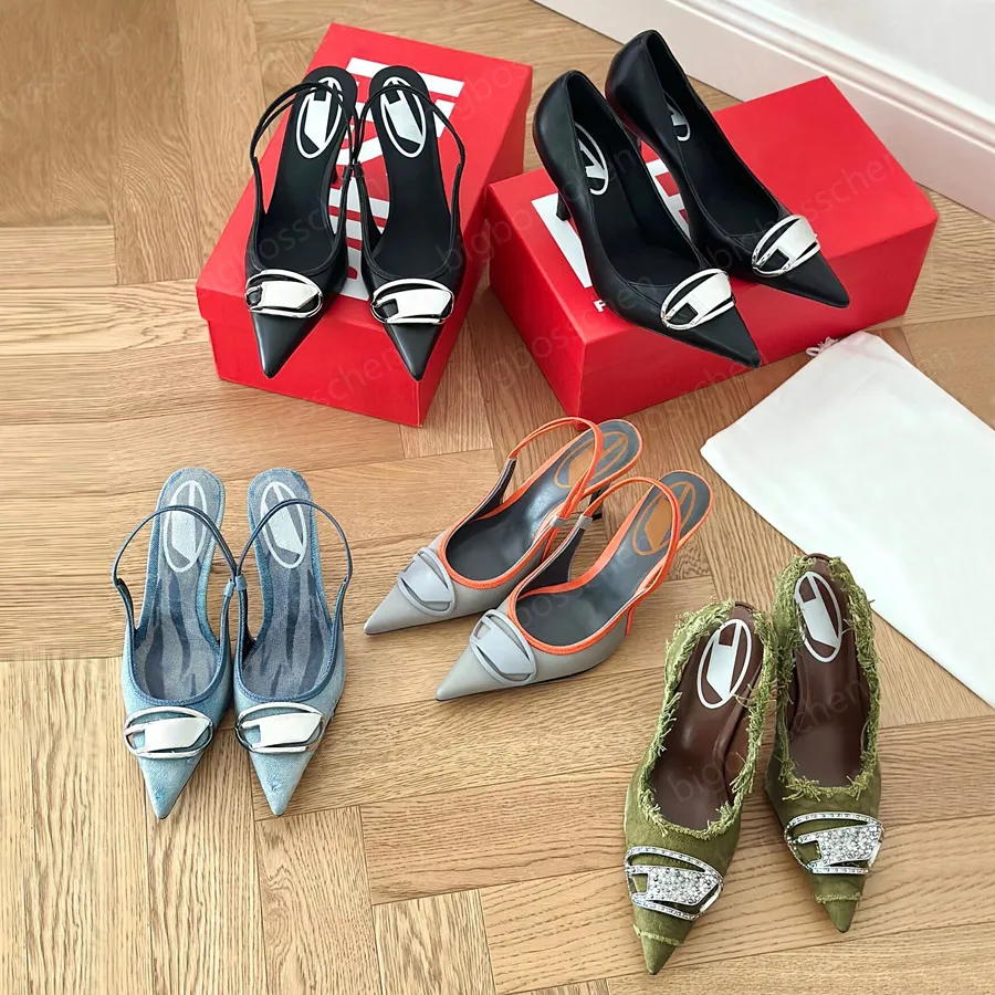 Tasarımcı Stiletto High Heels Ladies Sandals Moda Marka Lüks Profesyonel Elbise Ayakkabı Saçlı Kristal Metal Toka Deri 8.5 cm Akşam Yemeği Düğün Ayakkabı 35-41