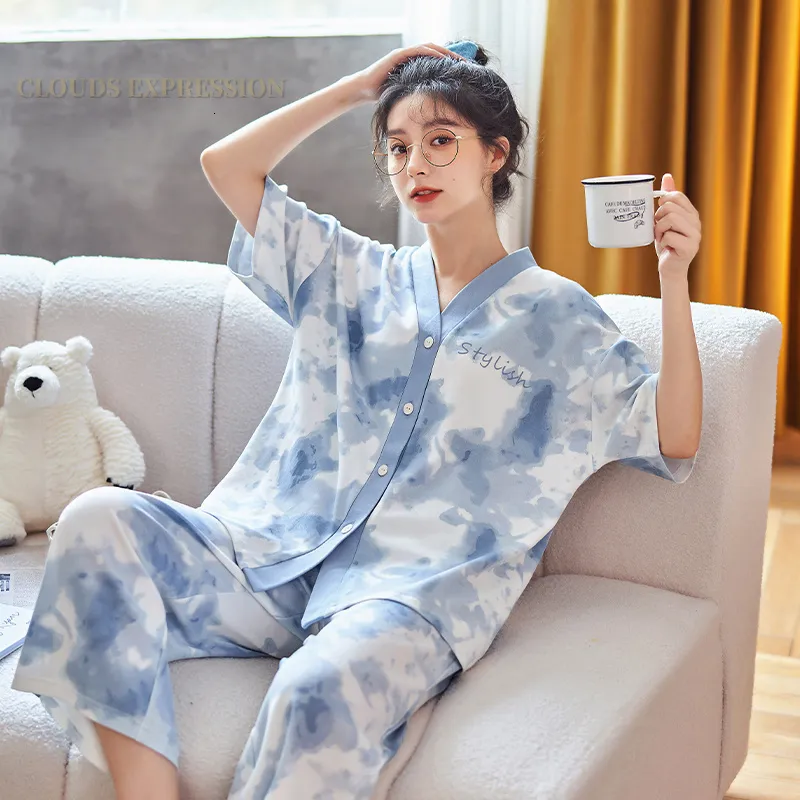 Women's Sleepwear Spring Summer Brand Short Sleeved Japnese Kimono PJ Womens Pajamas Sets Sexy Black Nightwear Capris Sleepwear Lounge Homewear 230421