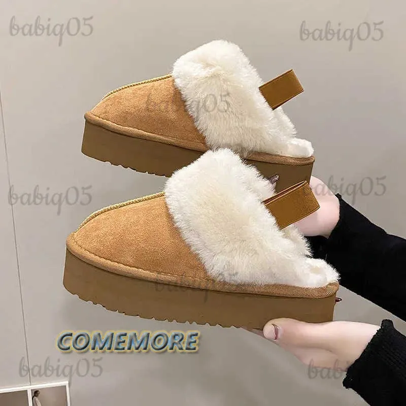 Pantoufles Hiver peluche coton pantoufles pour femmes mode chaussures plates 2022 semelle épaisse loisirs maison daim cuir chaud bandoulière pantoufles T231121