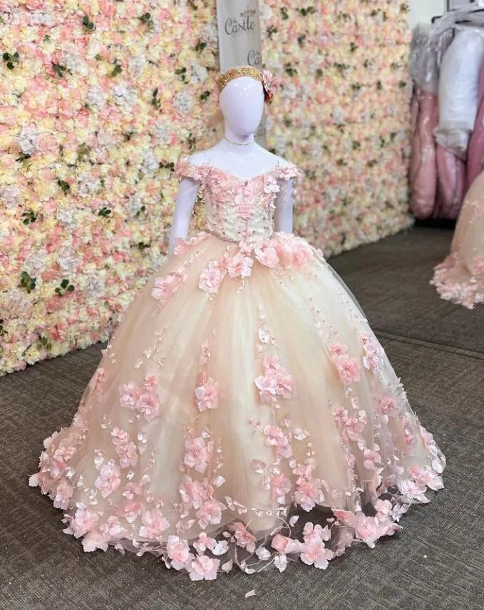 Kapalı omuz prenses mini quinceanera kızlar için 3d çiçek aplike küçük prenses düğün partisi çiçek kız elbise