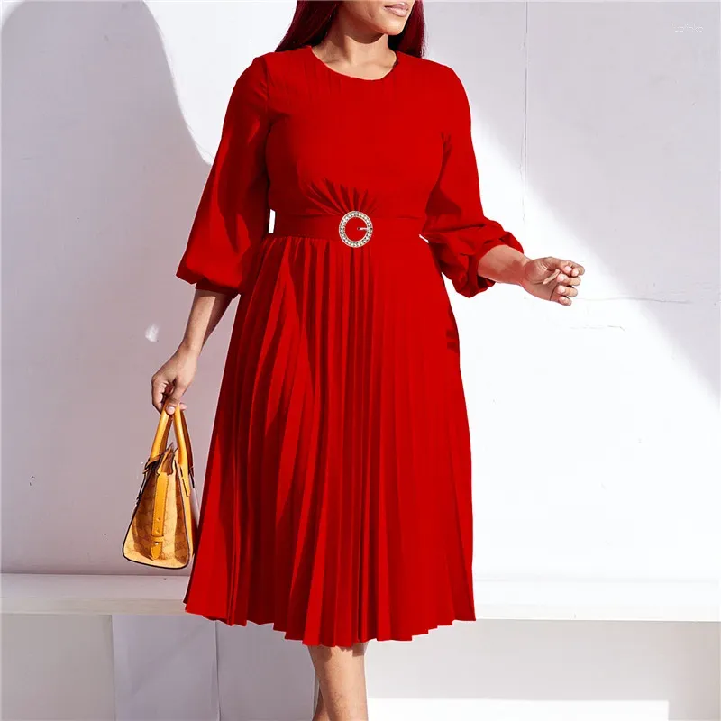Casual Dresses High-street Women's Autumn-Selling Long-Sleeved Round Neck Pullover Fashion Temperament Midje veckad elegant klänning