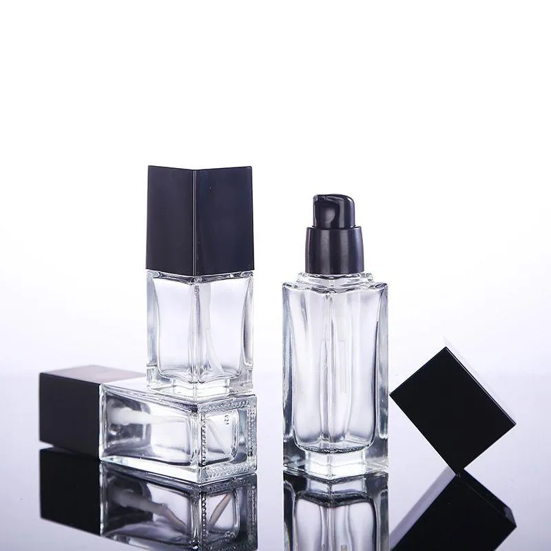 15 20 30 40 ml vacío claro cuadrado de vidrio emulsión botella de esencia con cabeza de bomba negra envases cosméticos para loción limpiador crema corporal hruxr