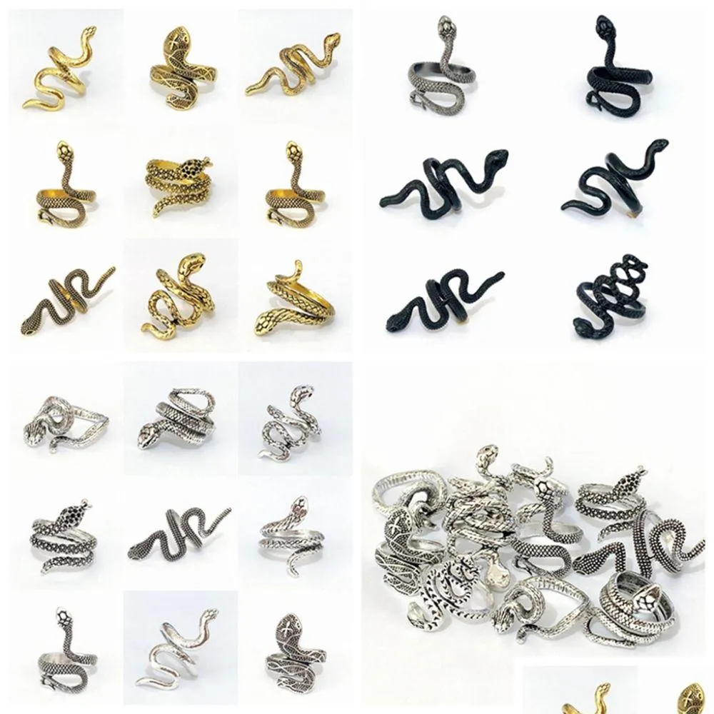 Anneaux de bande En gros 100pcs Alliage Serpent Noir Or Sier Mix Punk Vintage Charm Cadeaux Wome Hommes Cool Party Bijoux Lots Drop De Dhgarden Dhmag