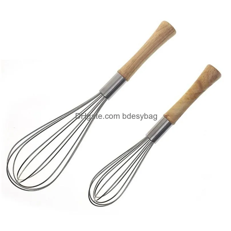 10/12inch stainless steel eggs beater hand mixer butter blender whisk wooden handle kitchen gadget wholesale lx2826