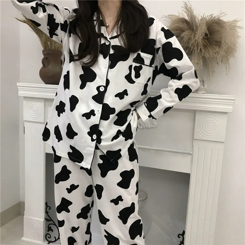 Women s Acrylic Cow Print Pajamas Full-Length Nightwear Set with V-Neck ...