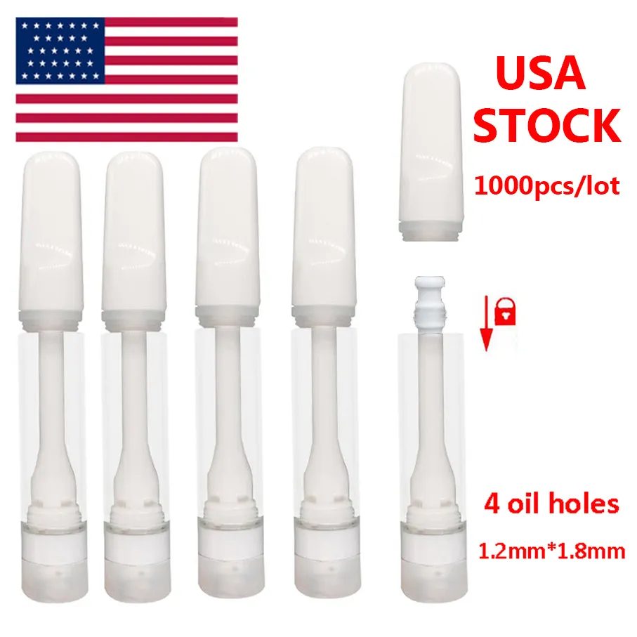 USA STOCK Cartucce Vape in ceramica complete Atomizzatori 1 ml 0,8 ml Sigaretta elettronica Olio denso Punte a scatto vuote Vaporizzatore a bobina in ceramica Piatto 510 filo Pressa in carrelli senza piombo