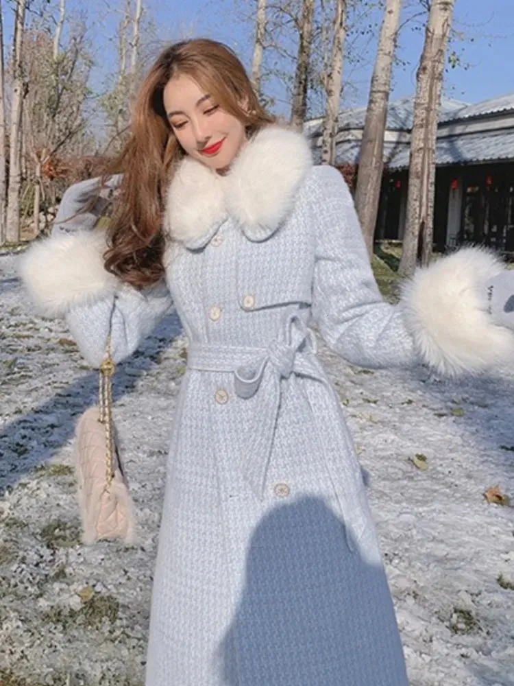 Manteau en fausse fourrure pour femme, col à carreaux bleu, élégant, en laine, poitrine unique, manches longues artificielles, mode coréenne, hiver 231121