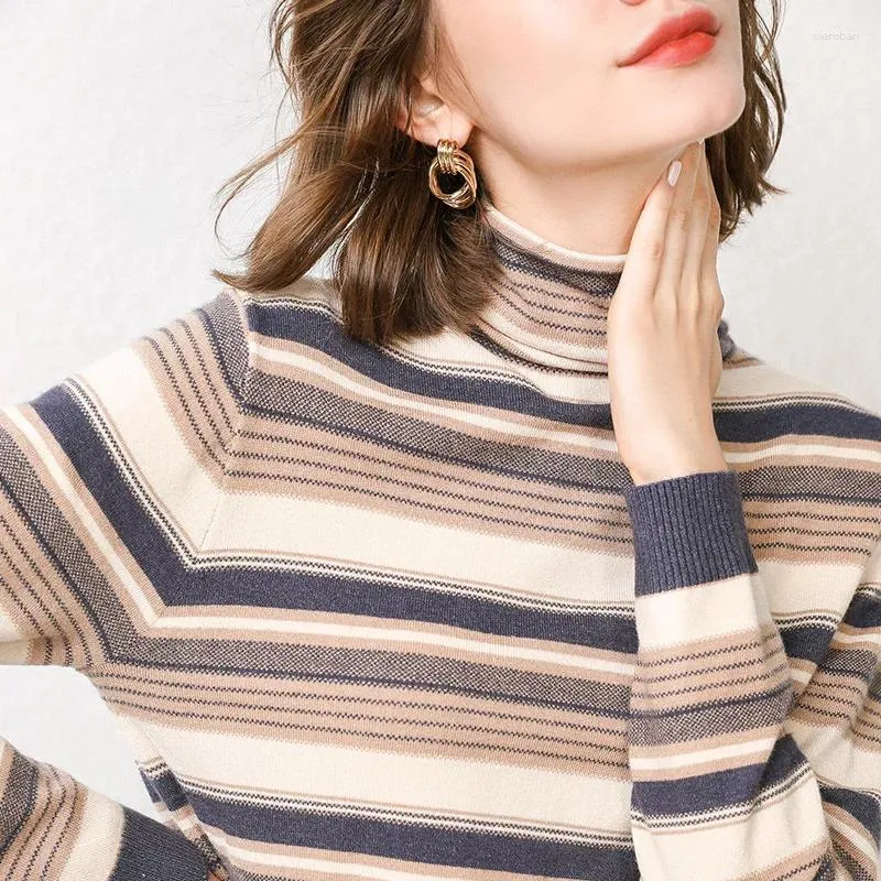 Women's Sweaters Sweater Women Brown Turtle Neck Full Sleeve Striped Knitted Pullover Femal Basic Crop Top