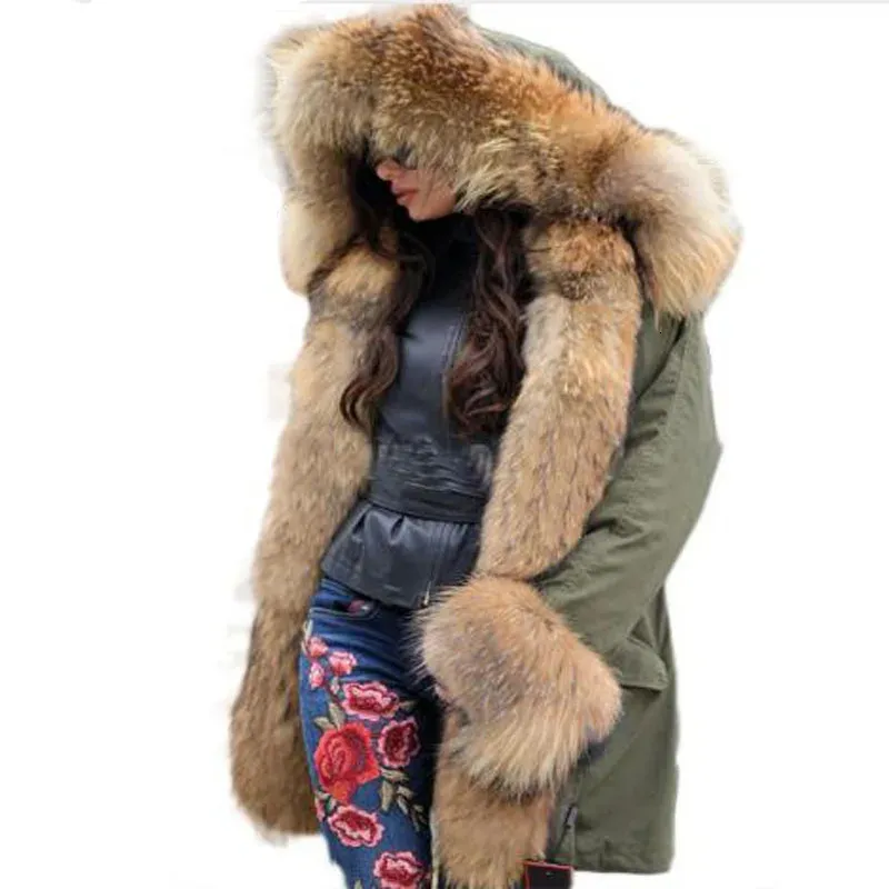 Womens Down Parkas Winter Women Large Raccoon Fur Collar Hooded Real Fox Liner Coat Black Army Green Outwear Jacket 231120
