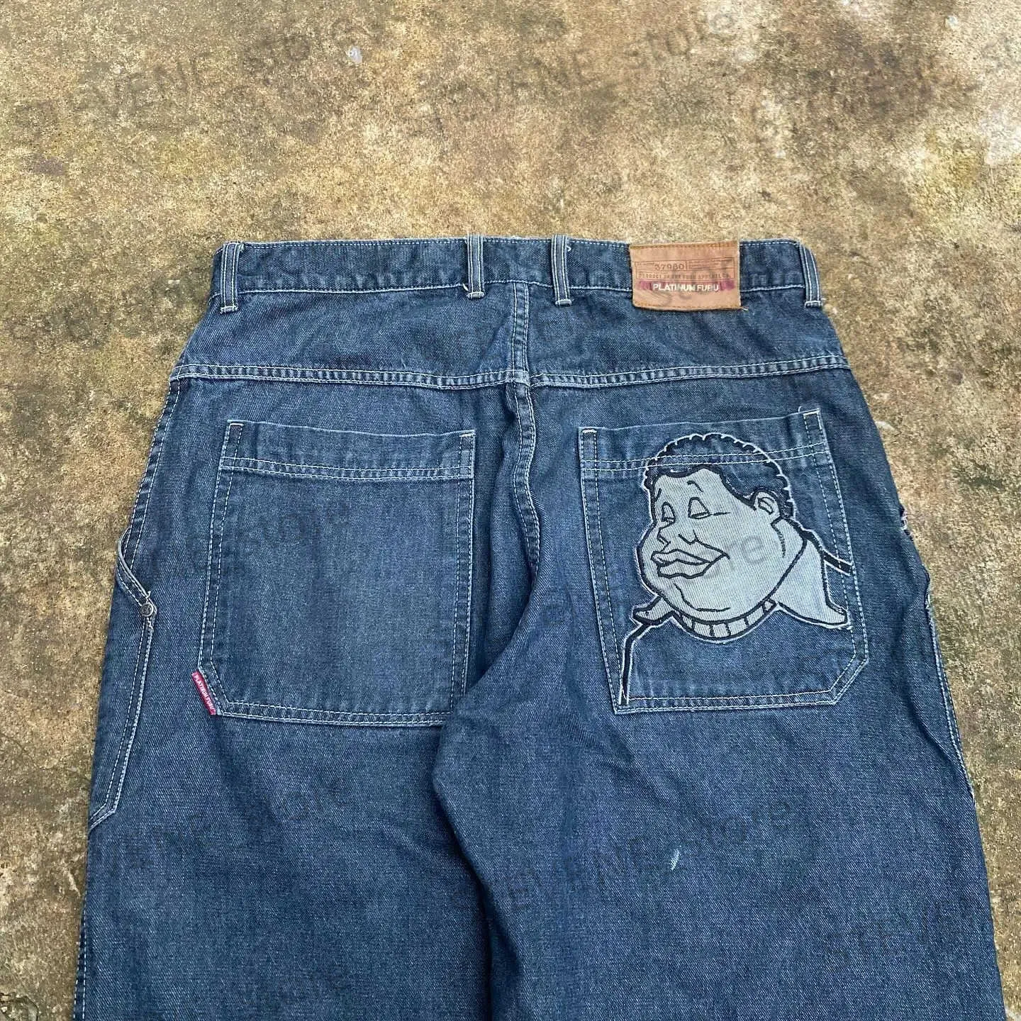 Y2K FUBU Oversized Blue Jeans With Cartoon Graphic Print For Y2K FUBU Oversized Blue Jeans With Cartoon Graphic Print For