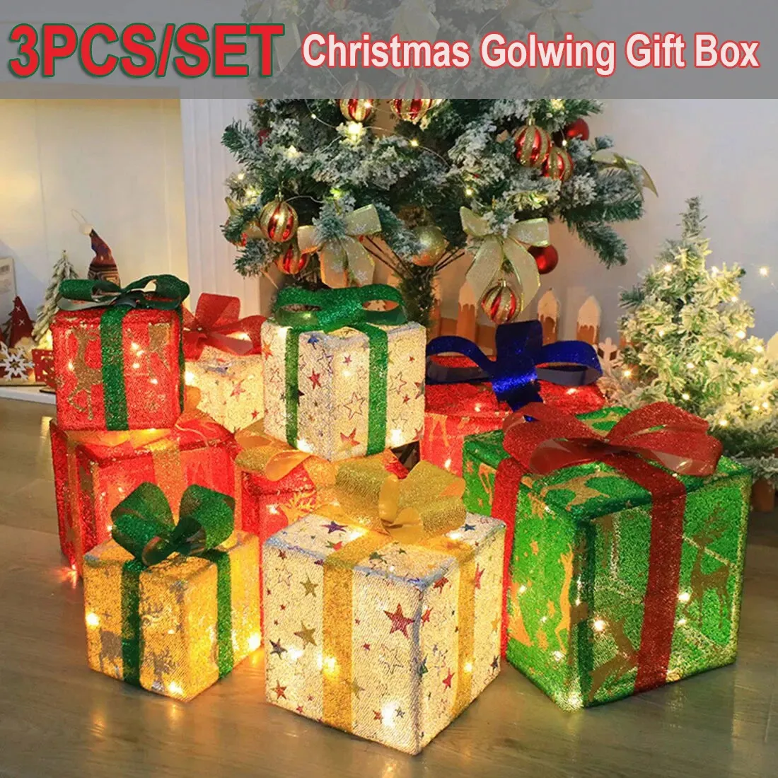 Décorations de Noël 3pcsSet Glowing Gift Box Décoration Ornement avec arc Éclairage extérieur Noël 231120