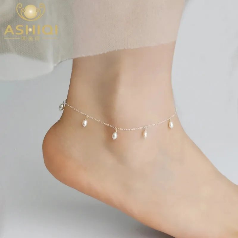 Cavigliere ASHIQI Perle d'acqua dolce naturali Cavigliere in argento sterling 925 per le donne 3-4mm Gioielli per piedi con perle Argento Catena per gambe femminile 231121